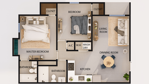 Floor plan for 2 beds, 2 baths, 899 sqft